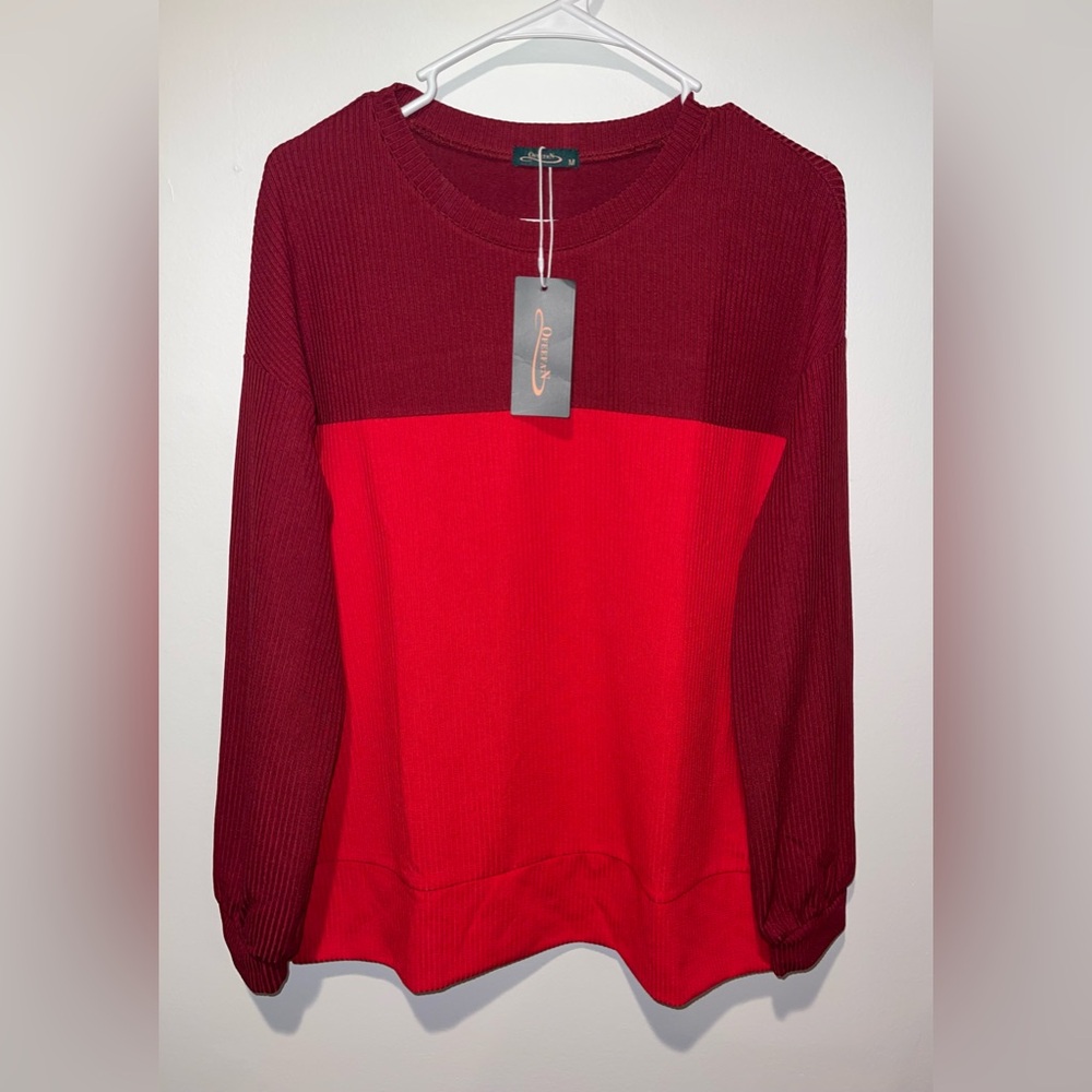 NWT Ofeefan Ribbed Knit Lightweight Sweater Long Sleeve Red Women’s Size Medium